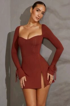 Long Sleeve A-Line Mini Dress In Brick -Women Clothes Shop 5668 3 Amryn Brick Sweet Heart Neckline Mini Dress