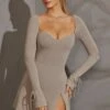 Long Sleeve A-Line Mini Dress In Grey -Women Clothes Shop 5668 4 Amryn Grey Sweet Heart Neckline Mini Dress