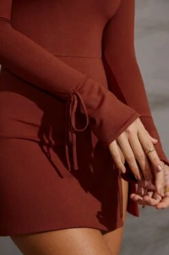 Long Sleeve A-Line Mini Dress In Brick -Women Clothes Shop 5668 9 Amryn Brick Sweet Heart Neckline Mini Dress