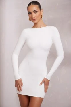Long Sleeve Backless Mini Dress In White -Women Clothes Shop 5686 4 Sirena White Backless Longsleeve Mini