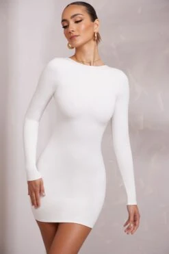 Long Sleeve Backless Mini Dress In White -Women Clothes Shop 5686 5 Sirena White Backless Longsleeve Mini