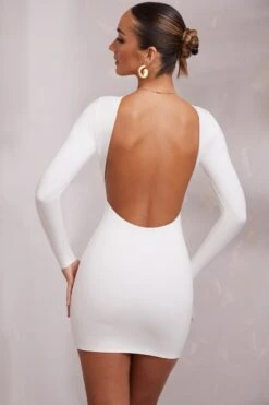 Long Sleeve Backless Mini Dress In White -Women Clothes Shop 5686 8 Sirena White Backless Longsleeve Mini