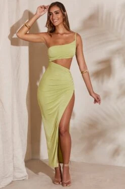 One Shoulder Cut Out Maxi Dress In Green -Women Clothes Shop 5715 2 Ishtar Green One Shoulder Cut Out Ruched Maxi Dress