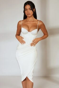 Draped Skirt Corset Midi Dress In Ivory