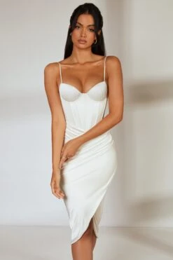 Draped Skirt Corset Midi Dress In Ivory -Women Clothes Shop 5725 5 Ivory Tenderness Ruched Bust Corset Mini Dress With Draped Skirtcopy