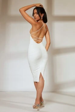 Low Back Ruched Midi Dress In Ivory 13 Low Back Ruched Midi Dress In Ivory -Women Clothes Shop 5726 10 Ivory Back Strap Detail Ruched Midi Dress