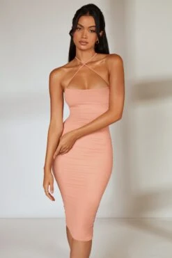 Low Back Ruched Midi Dress In Blush -Women Clothes Shop 5726 2 Legacy Blush Back strap Detail Ruched Midi Dresscopy2