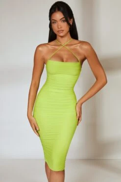 Low Back Ruched Midi Dress In Lime