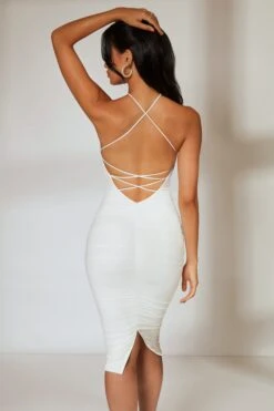 Low Back Ruched Midi Dress In Ivory 10 Low Back Ruched Midi Dress In Ivory -Women Clothes Shop 5726 9 Ivory Back Strap Detail Ruched Midi Dress