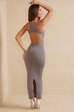 Open Back Racer Neck Maxi Dress In Grey -Women Clothes Shop 5802 2 Tidam Grey Backless Maxi Dress
