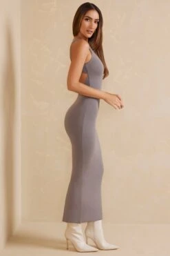Open Back Racer Neck Maxi Dress In Grey -Women Clothes Shop 5802 3 Tidam Grey Backless Maxi Dress