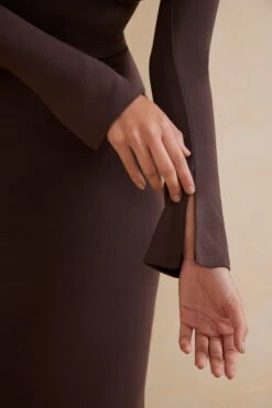 Square Neck Long Sleeve Maxi Dress In Chocolate -Women Clothes Shop 5803 4 Brown Long Sleeve Maxi Dress