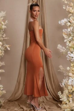 Strapless Thigh High Split Maxi Dress In Tan -Women Clothes Shop 5814 3 Dulcinea Tan Strapless Ruched Maxi Dress