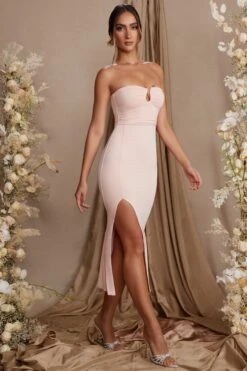 Strapless Thigh High Split Maxi Dress In Blush -Women Clothes Shop 5814 4 Dulcinea Blush Strapless Ruched Maxi Dress