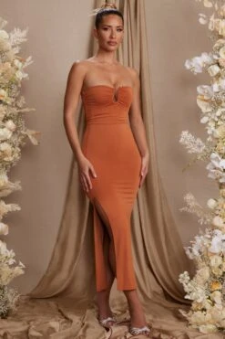 Strapless Thigh High Split Maxi Dress In Tan -Women Clothes Shop 5814 4 Dulcinea Tan Strapless Ruched Maxi Dress