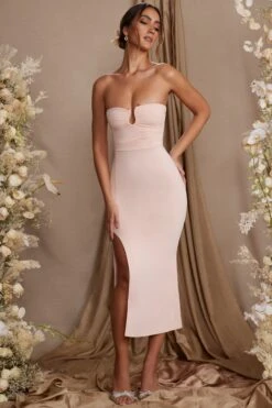 Strapless Thigh High Split Maxi Dress In Blush -Women Clothes Shop 5814 5 Dulcinea Blush Strapless Ruched Maxi Dress