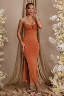 Strapless Thigh High Split Maxi Dress In Tan -Women Clothes Shop 5814 5 Dulcinea Tan Strapless Ruched Maxi Dress