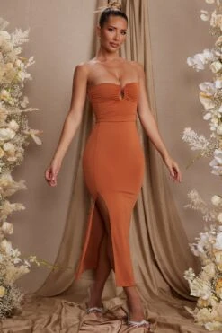 Strapless Thigh High Split Maxi Dress In Tan -Women Clothes Shop 5814 7 Dulcinea Tan Strapless Ruched Maxi Dress