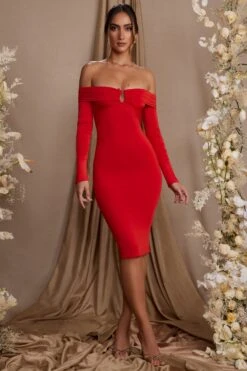 Long Sleeve Bardot Neckline Midi Dress In Red -Women Clothes Shop 5815 3 Brigitte Red Off Shoulder Panel Midi Dress