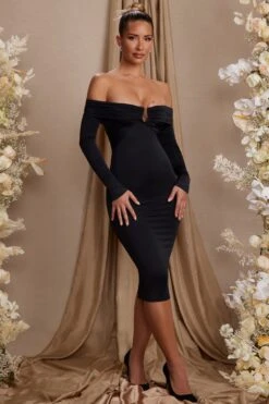 Long Sleeve Bardot Neckline Midi Dress In Black -Women Clothes Shop 5815 4 Brigitte Black Off Shoulder Panel Midi Dress