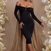 Long Sleeve Bardot Neckline Midi Dress In Black