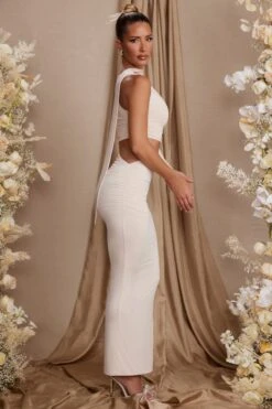 Single Sleeve Cut Out Maxi Dress In Cream -Women Clothes Shop 5816 4 Adoria Cream Cut Out Maxi Dress