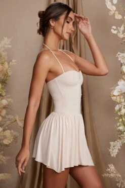 Halter Neck Asymmetric Mini Dress In Cream -Women Clothes Shop 5817 4 Blanca Cream Asymmetric Hem Dress