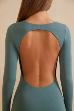 Long Sleeve Open Back Mini Dress In Teal -Women Clothes Shop 5823 1 Bayan Teal Asymetric Neck Long Sleeve Mini Dress