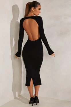 High Neck Long Sleeve Open Back Midaxi Dress In Black -Women Clothes Shop 5829 5 Black High Neck Midaxi Dress