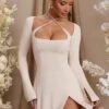 Long Sleeve Cross Over Strap Mini Dress In Cream -Women Clothes Shop 5835 1 Salome Cream Cross Over Strap Split Mini Dress
