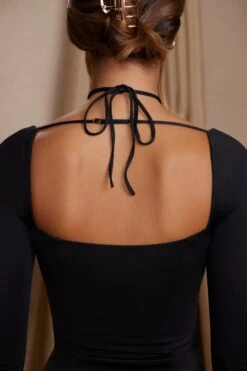 Long Sleeve Cross Over Strap Mini Dress In Black -Women Clothes Shop 5835 3 Salome Black Cross Over Strap Split Mini Dress