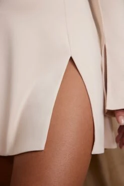 Long Sleeve Cross Over Strap Mini Dress In Cream -Women Clothes Shop 5835 4 Salome Cream Cross Over Strap Split Mini Dress