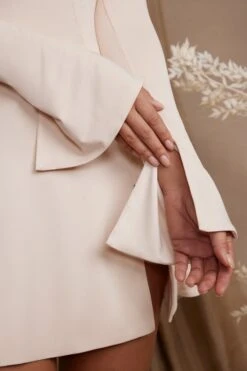 Long Sleeve Cross Over Strap Mini Dress In Cream -Women Clothes Shop 5835 5 Salome Cream Cross Over Strap Split Mini Dress