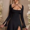 Long Sleeve Cross Over Strap Mini Dress In Black -Women Clothes Shop 5835 7 Salome Black Cross Over Strap Split Mini Dress