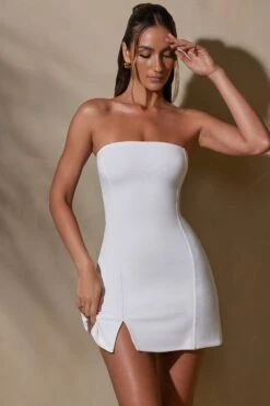 Bandeau Neckline Mini Dress In White -Women Clothes Shop 5842 4 Brielle White Strapless Mini Dress