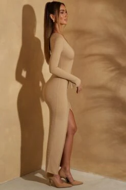 Long Sleeve Button Down Maxi Dress In Tan -Women Clothes Shop 5853 8 Halsey Tan Button Down Dress