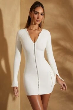 Long Sleeve Zip Front Mini Dress In White -Women Clothes Shop 5857 1 Eilish White Zip Front Ribbed Mini Dress