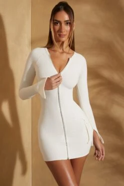 Long Sleeve Zip Front Mini Dress In White -Women Clothes Shop 5857 2 Eilish White Zip Front Ribbed Mini Dress