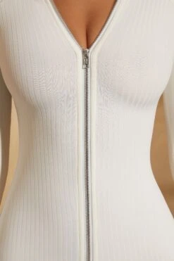 Long Sleeve Zip Front Mini Dress In White -Women Clothes Shop 5857 6 Eilish White Zip Front Ribbed Mini Dress
