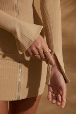 Long Sleeve Zip Front Mini Dress In Tan -Women Clothes Shop 5857 7 Eilish Tan Zip Front Ribbed Mini Dress