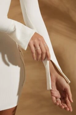 Long Sleeve Zip Front Mini Dress In White -Women Clothes Shop 5857 7 Eilish White Zip Front Ribbed Mini Dress