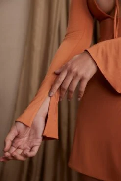 Long Sleeve Cut Out A-Line Mini Dress In Tan -Women Clothes Shop 5869 1 Cosette Tan Aline Dress With Tie