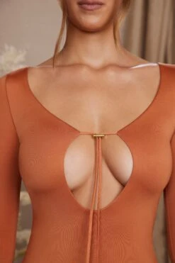 Long Sleeve Cut Out A-Line Mini Dress In Tan -Women Clothes Shop 5869 2 Cosette Tan Aline Dress With Tie