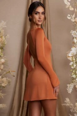 Long Sleeve Cut Out A-Line Mini Dress In Tan -Women Clothes Shop 5869 4 Cosette Tan Aline Dress With Tie