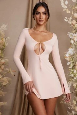 Long Sleeve Cut Out A-Line Mini Dress In Blush -Women Clothes Shop 5869 6 Cosette Blush Keyhole Front Cut Out Back Mini Dress