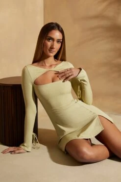 Long Sleeve Twist Front Mini Dress In Sage -Women Clothes Shop 5898 10 Denali Sage Twist Front Mini Dress