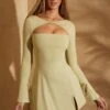 Long Sleeve Twist Front Mini Dress In Sage -Women Clothes Shop 5898 5 Denali Sage Twist Front Mini Dress