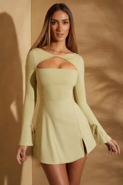 Long Sleeve Twist Front Mini Dress In Sage