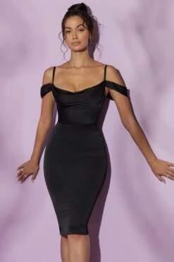 Cowl Sleeve Midi Dress In Black -Women Clothes Shop 5984 7 Giada Black Cowl Sleeve Satin Midi Dress