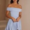 Handkerchief Hem Ruched Bardot Mini Dress In Blue -Women Clothes Shop 6018 2 Blue Ruched Bardot Hankee Hem Mini Dress